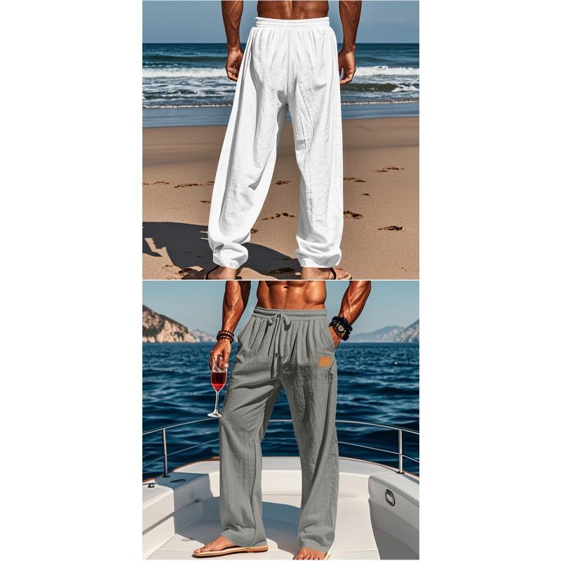 Men Thin Linen Cotton Straight Casual Long Trousers For Daily Beach Wear