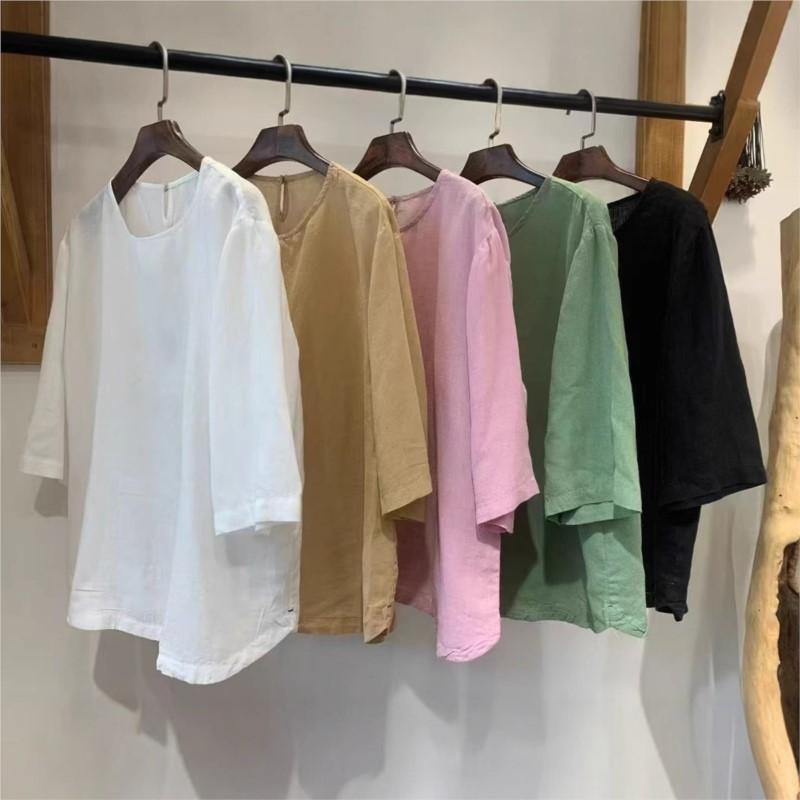 Johnature Women Casual T-Shirts O-Neck Seven Sleeve Solid Color Summer Loose Women Soft T-Shirts