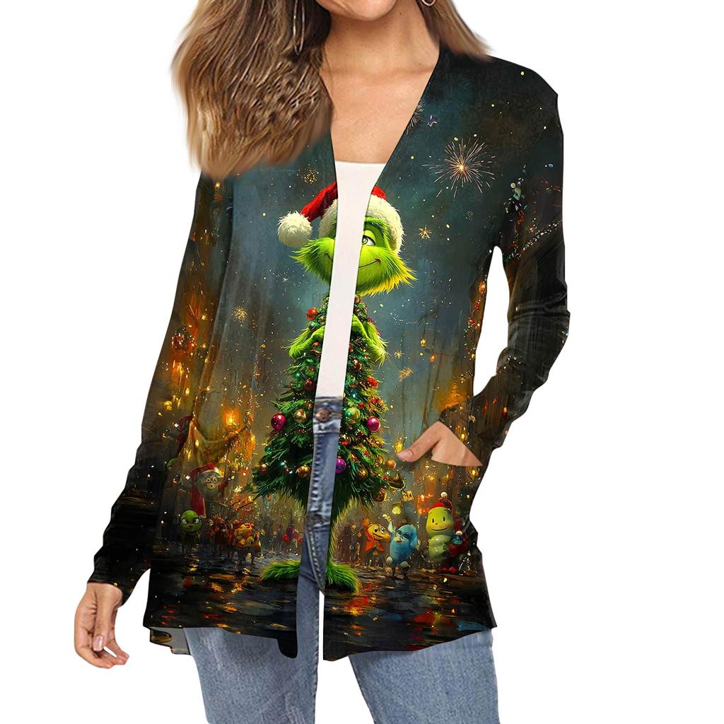 Dámský módní vánoční potisk dlouhý rukáv kapsy slim fit kardigan kabát