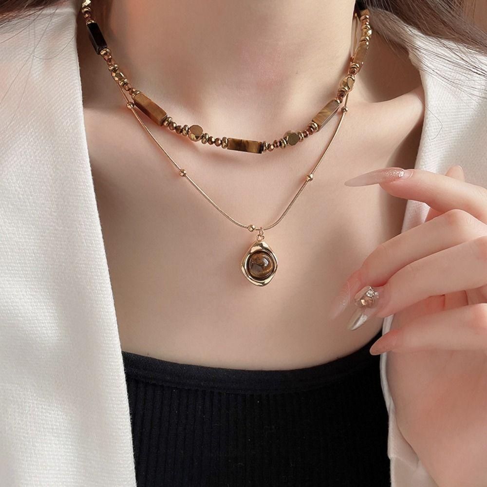 Senior Sense Tiger's Eye Stone Beaded Necklace Light Luxury Sweater Chain  Clothing Accessories