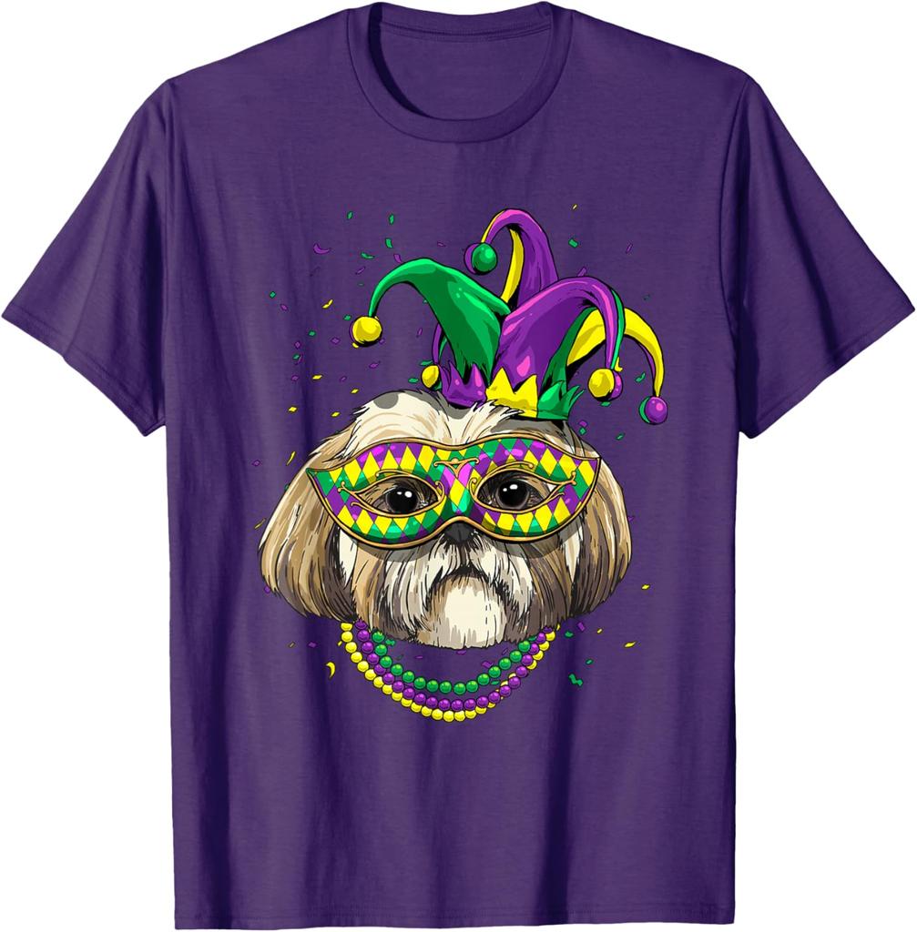 Shih Tzu Mardi Gras  Dog Graphic Tee Breathable Cotton Casual T-Shirt for Dog Lovers