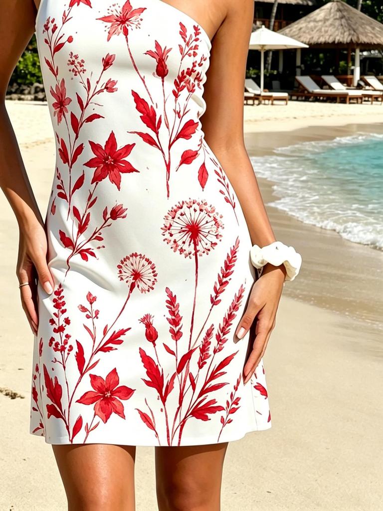 Red and Green Abstract Printed Single Shoulder Dress, Sexy Off Shoulder Short Style, Slim Fit and Slimming Vacation Dress
