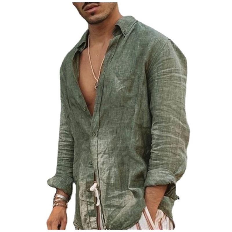 Mens Autumn Solid Color Loose Fit Casual Beach Cardigan Long Sleeve Shirt