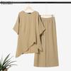 ZANZEA Womens Casual Two Piece Outfit Solid Color Asymmetric Tunic Tops and Wide Leg Pants Sets Loungewear Suits