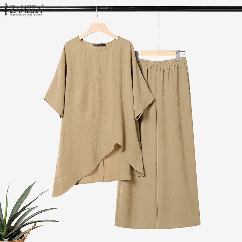 ZANZEA Womens Casual Two Piece Outfit Solid Color Asymmetric Tunic Tops and Wide Leg Pants Sets Loungewear Suits