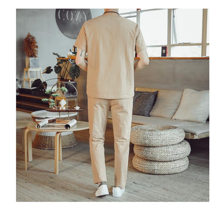 Summer Shirt + Trousers Suit Chinese Style Men Shirt Cotton and Linen Shirts Men's Casual Shirts Two Piece