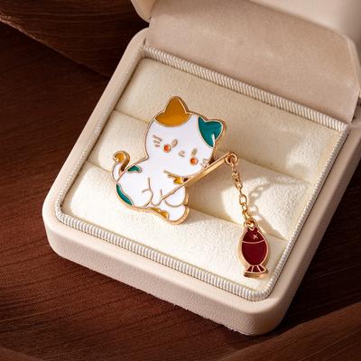 Childlike Kitten Fishing Brooch Cute Japanese Badge Cartoon Pin Buckle Pin Decoration Student Schoolbag Pendant