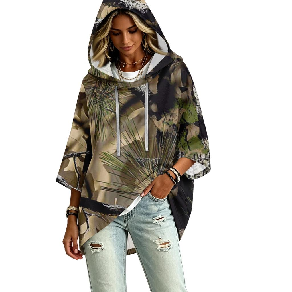 Women's Fashion Three-Quarter Sleeve Leaf Print Hooded Pullover Top
