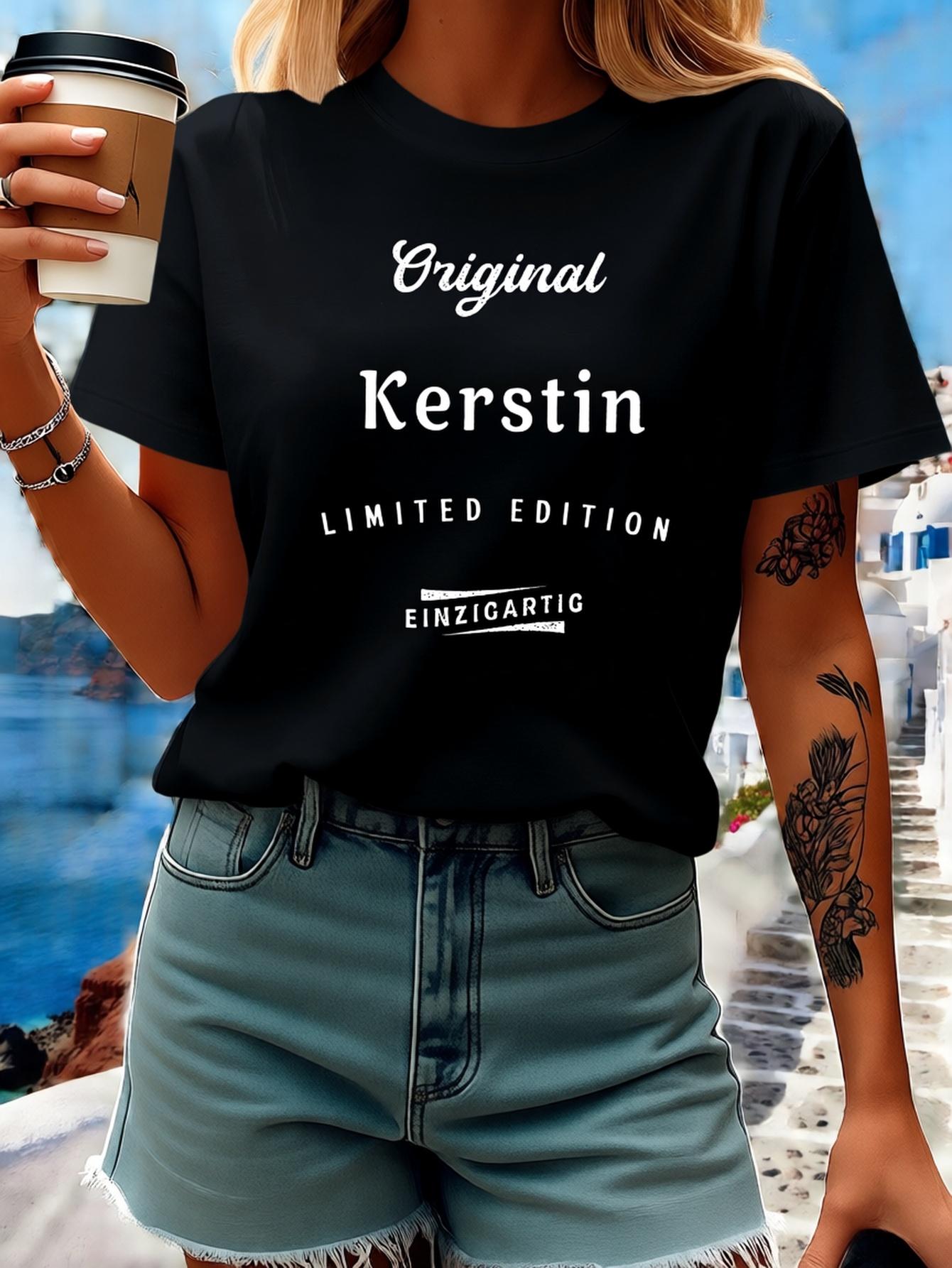

Original Kerstin Letter Print T-Shirt, Short Sleeve Crew Neck Casual Top for Summer And Spring, Women S Clothing 5XL різнокольоровий