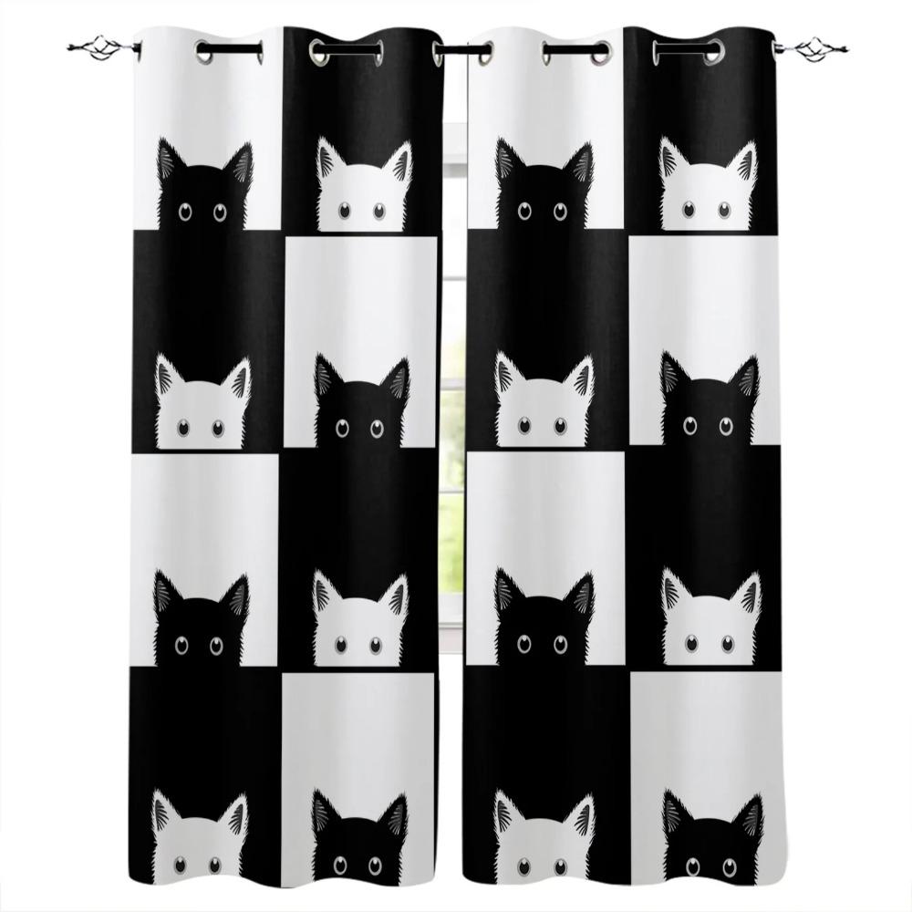 Simple Black&White Stripes Checkerboard Abstract Window Curtains For Kids Bedroom Living Room Bathroom Kicthen Door Hall 2pieces