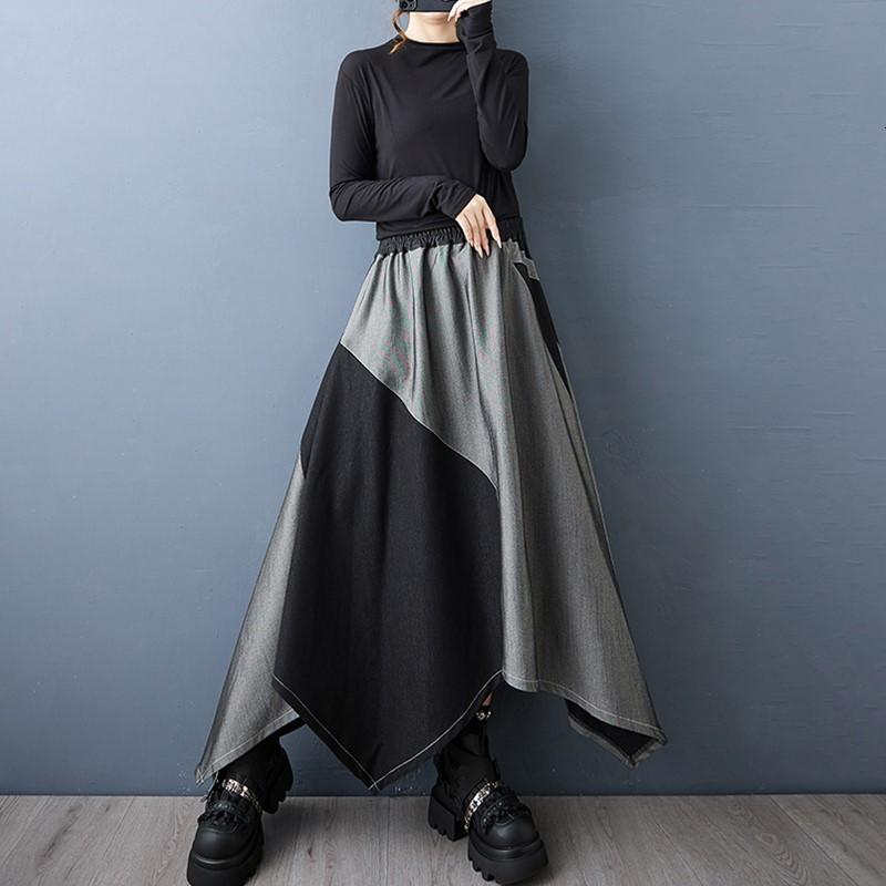 Plus Size Denim Patchwork High Waist Vintage Casual Spring Autumn Loose Long for Woman Skirts Womens Skirt
