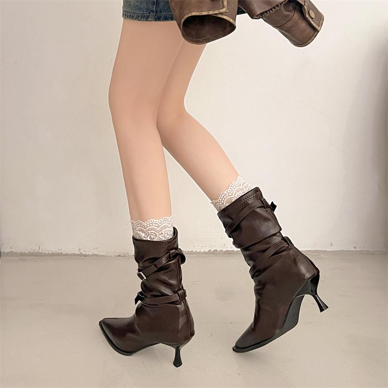 Belt Buckle Mid-Tube Boots Fashion Pointed Toe Sleeve Anti-Slip Wear-Resistant Slim Heel