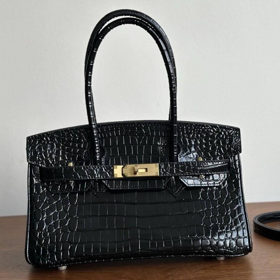 Popular Crocodile Pattern Horizontal Plate Platinum 30cm Genuine Leather Women's Bag, European and American Fashion Cowhide Large Bag, Commuter