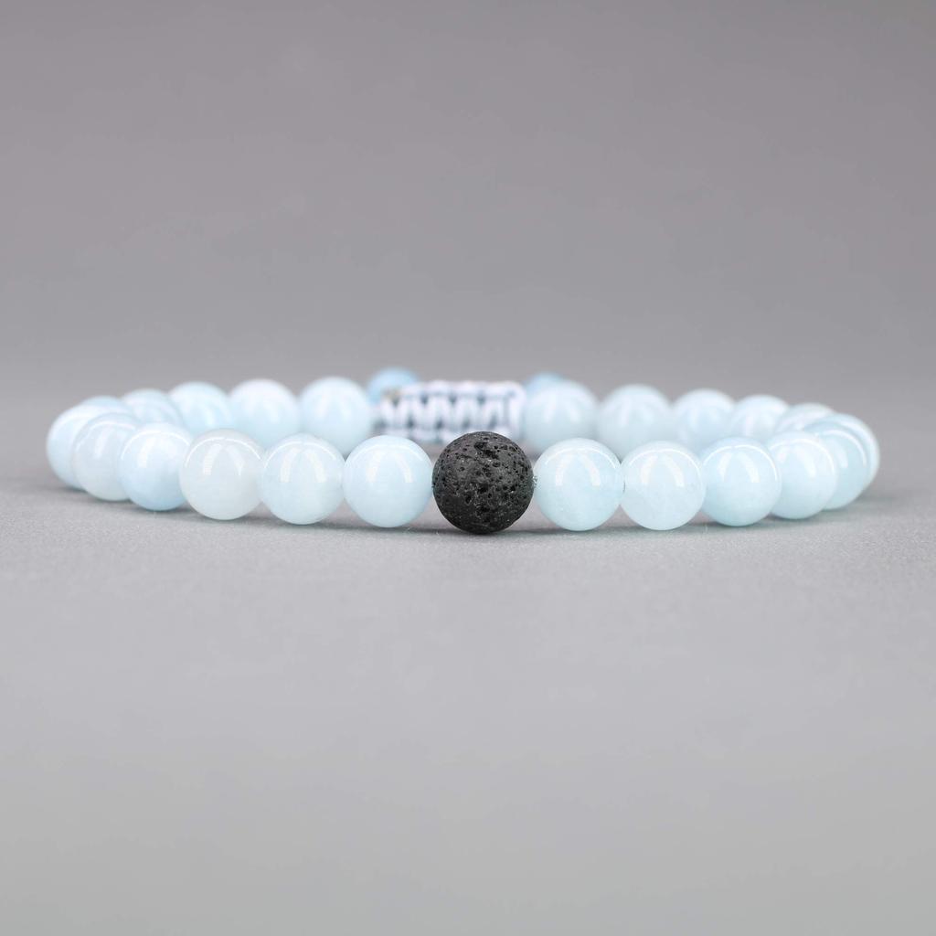 Aquamarine Lava Stone Purification Protection Good Luck Power Stone Bracelet Women Couple Size Set of 2 Adjustable Length [Coai] (March Birthstone)