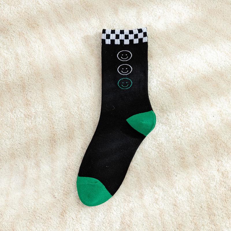 5/10 Pairs Green Checkered Black and White Pattern Mid Calf Socks Trendy Brand with Smiling Face Color Blocked Stripes Collegiate Style Cotton Socks