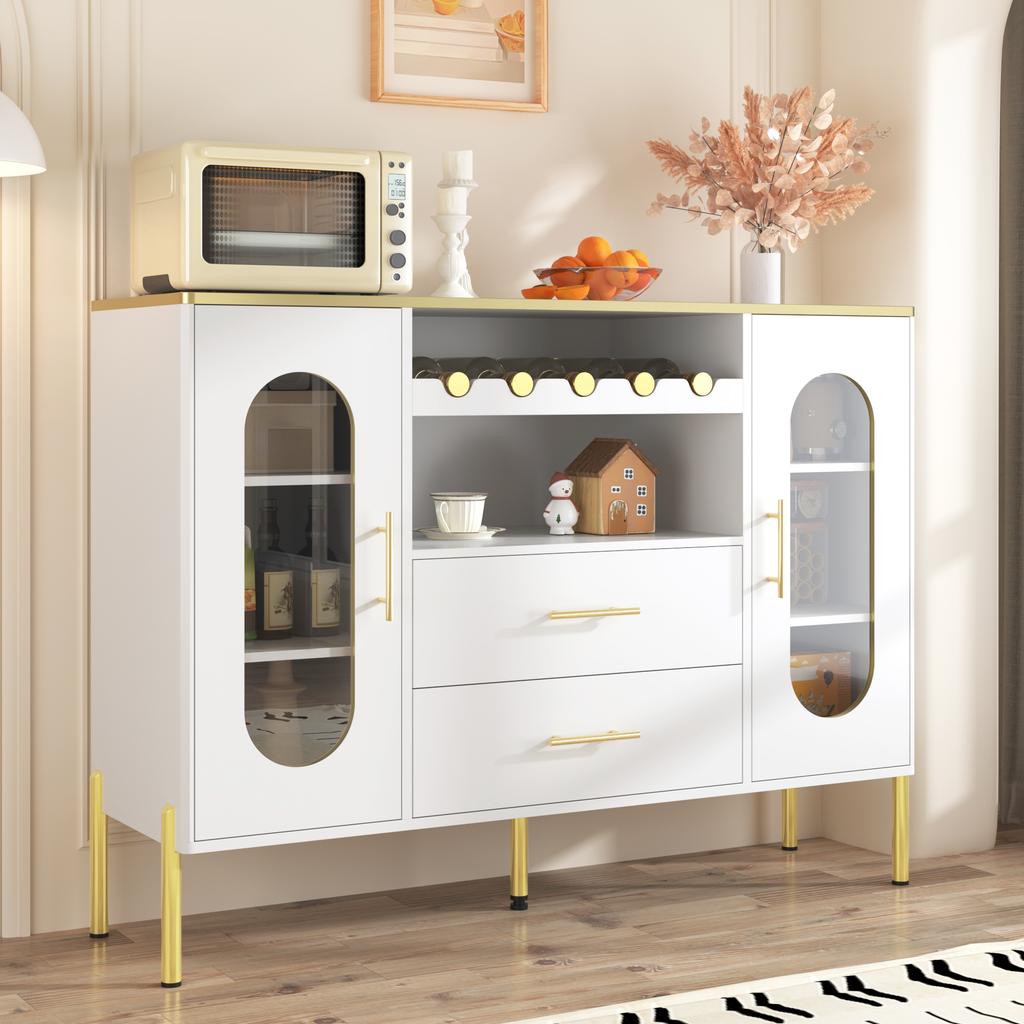 White Sideboard, Glass Fronts & Wine Rack – Sideboard for Dining Room & Living Room – Adjustable Foot – Plenty of Storage & Modern Design