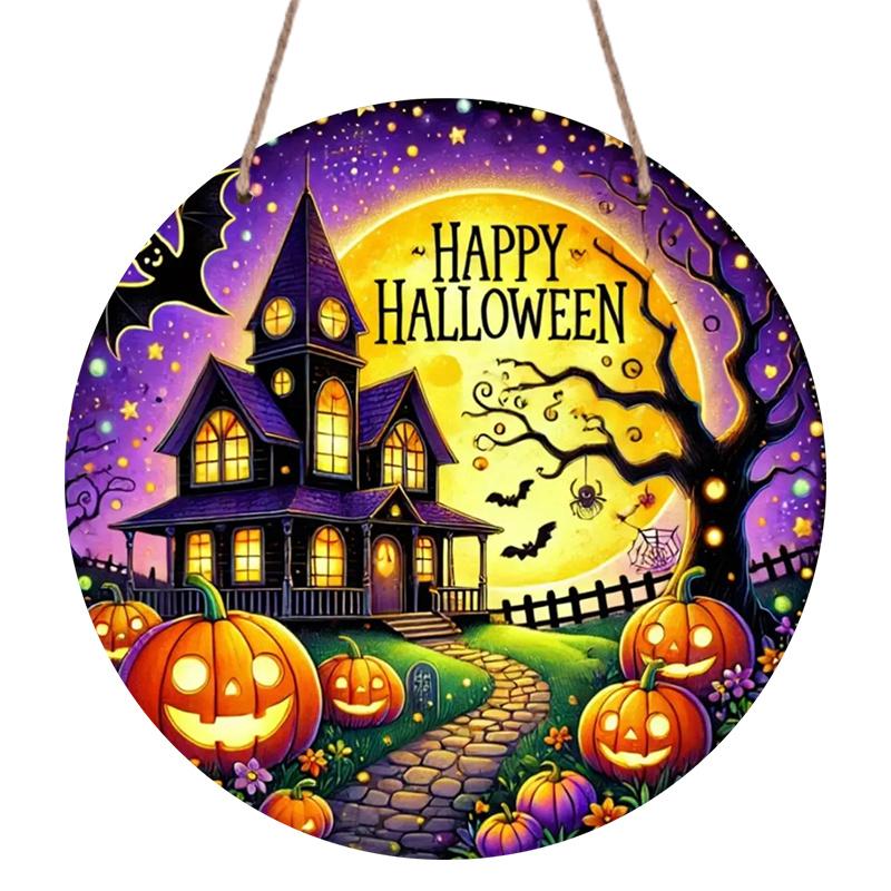 2D Flat, 1pc Round Aluminum Hanging Sign - Haunted House and Pumpkin Lantern Design, Happy Halloween Wall Decor, Durable Aluminum Sign, Suitable for