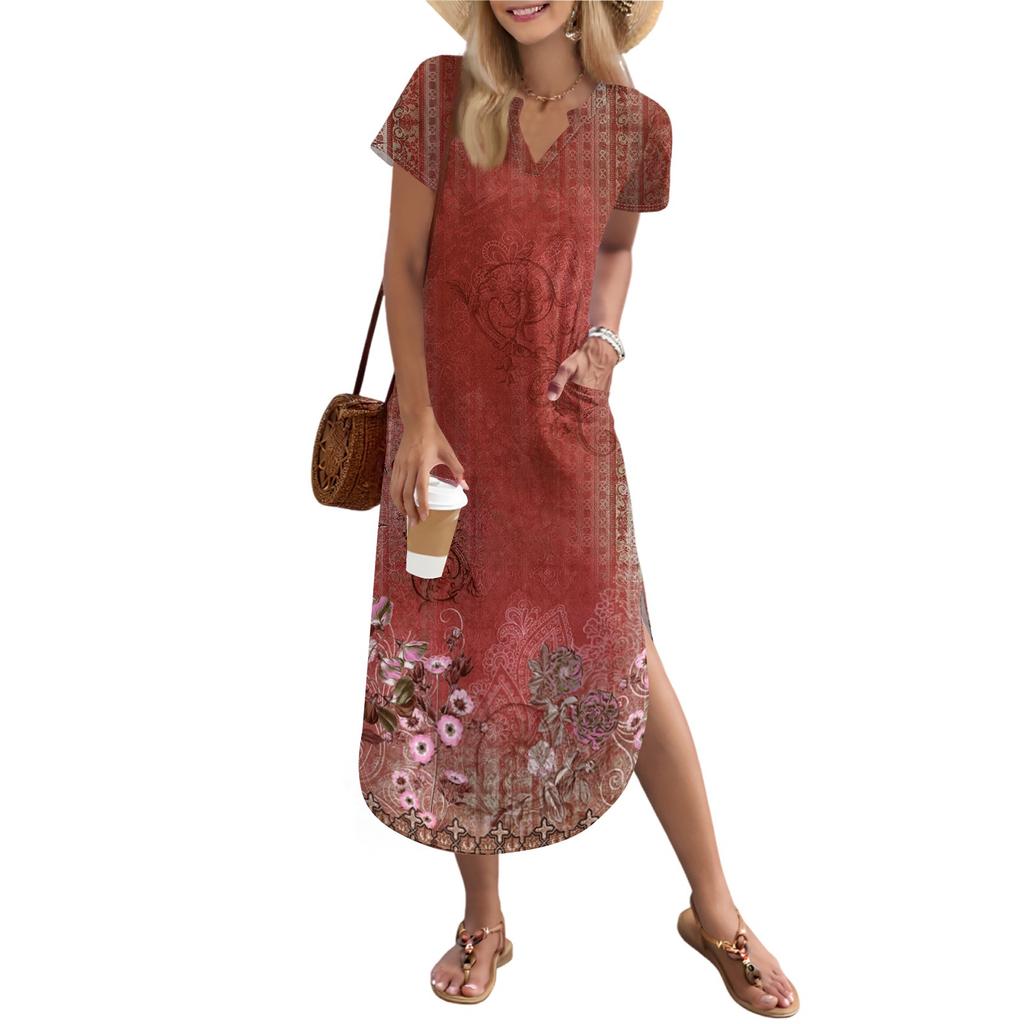 Dámská dlouhá sukně pro volný čas Dlouhé košilové šaty s výstřihem do V Volný rozpark Sváteční šaty s krátkým rukávem