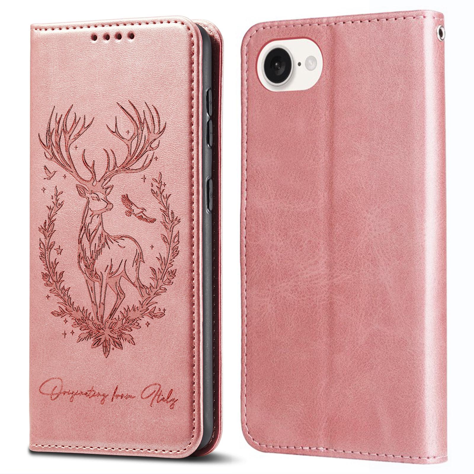 

For iPhone 16e Stand Case Lucky Deer Imprinted Magnetic Closure Leather Wallet Phone Cover Pink