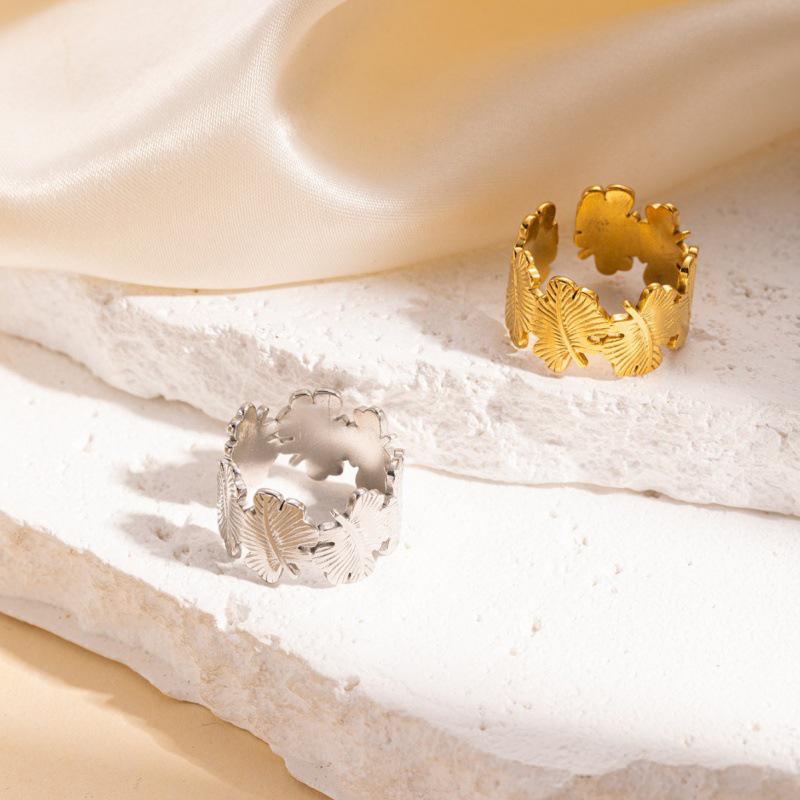 Retro Titanium Steel Irregular Leaf Butterfly Open Ring for Women