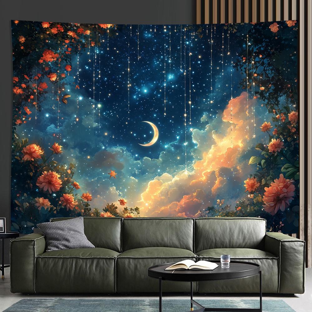 QD_VIVIOS Tapestry - Forest Moon Wall Hanging Horizontal Pine Trees and Moon Phases