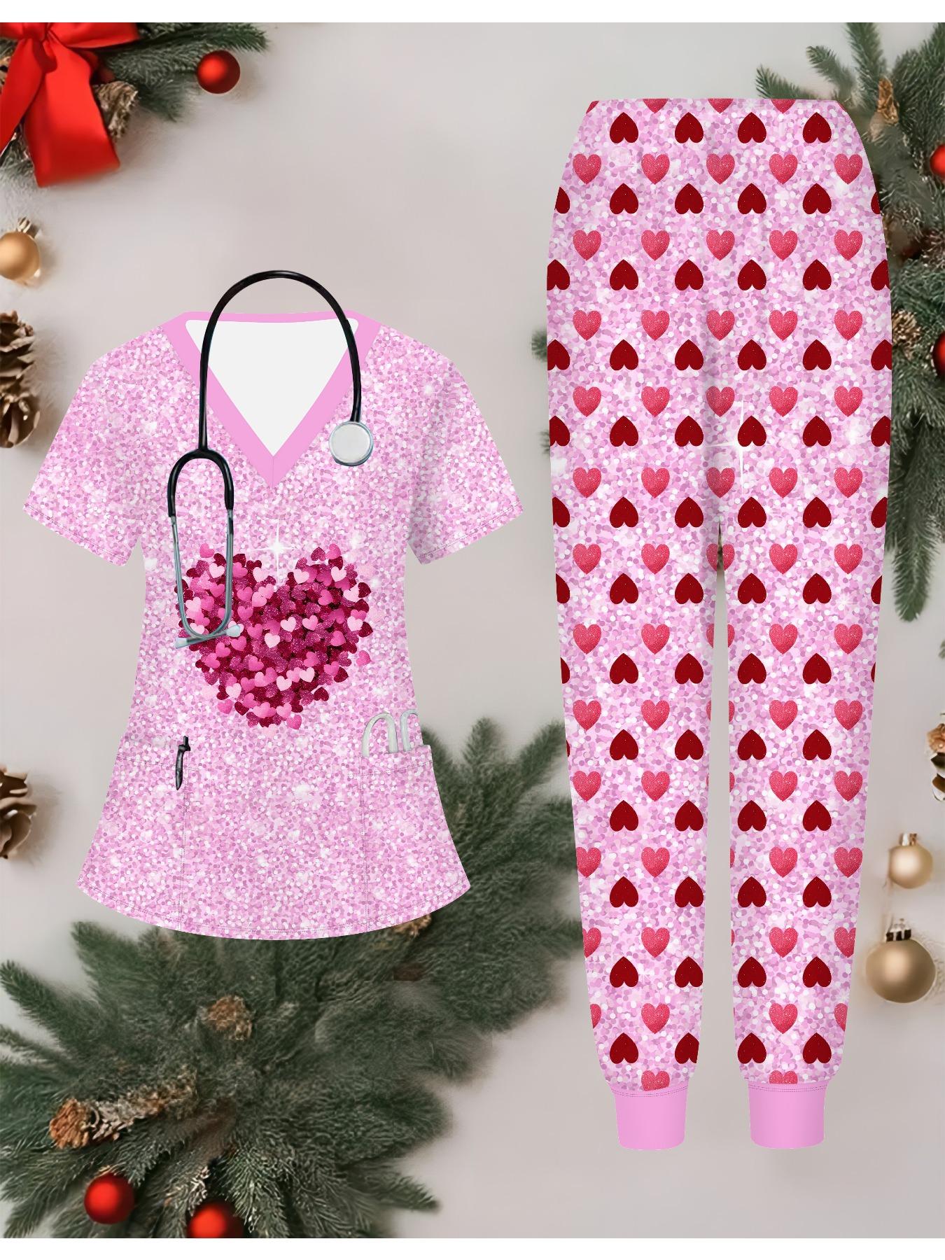 

Комплект женской формы медсестры с 3D-принтом бабочки, короткий рукав, длинные брюки с карманом, повседневный, модный, рождественский подарок XXL розовый