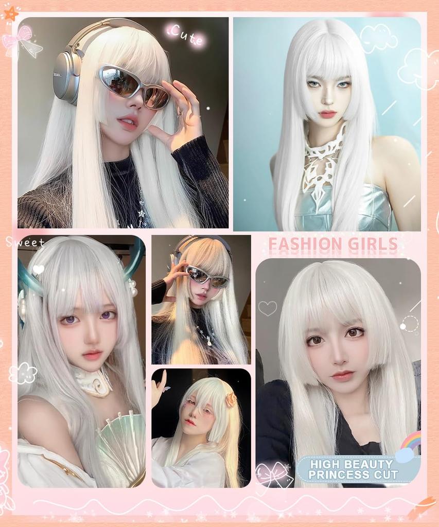 Knnzk Long White Full Princess Small with Net Wig, Straight, Cut, Lolita, Cosplay, Crossdressing, Face, Natural, Heat-Resistant, (White)