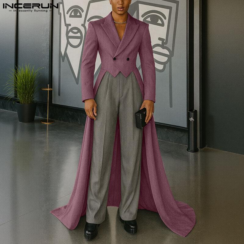 INCERUN Men Peak Lapel Solid Color High Low Irregular Splits Maxi Blazer Coats
