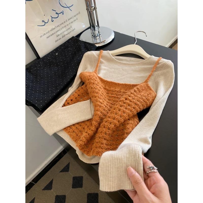 

Fallen leaf rustling wind orange knitted vest with long-sleeved knitted sweater women s autumn age-reducing shirt one size fits all оранжевый