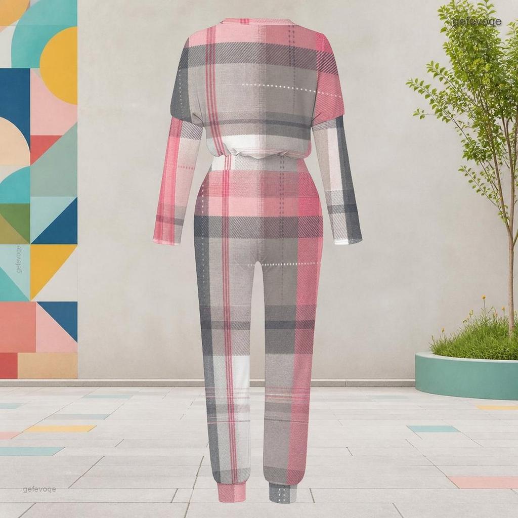 Women Plus Size Geometric Printed Round Neck Long Sleeve Cuffed Top And Pants Two Piece Set