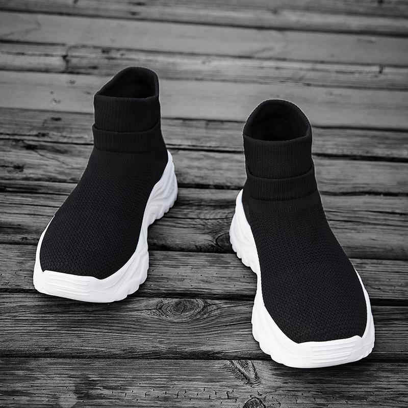 Women's Fashionable Off-White Mid-Top Socks Sneakers Easy To Put On and Take Off Mesh Thick-Soled Knitted Shoes Lightweight and