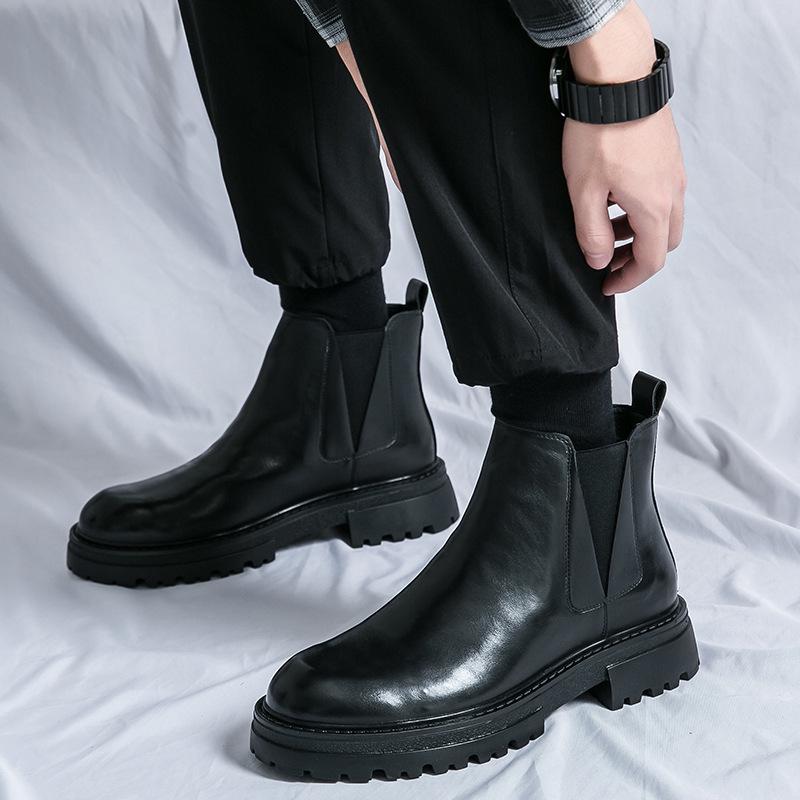 Men's Casual Fashion Martin High-Top Boots - Autumn/Winter Thick-Soled Korean & British Style, Slip-On Height-Increasing Design
