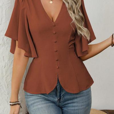 Fashionable and Elegant Deep V-neck Solid-color Single-button Belted Ladies' Short-sleeved Top