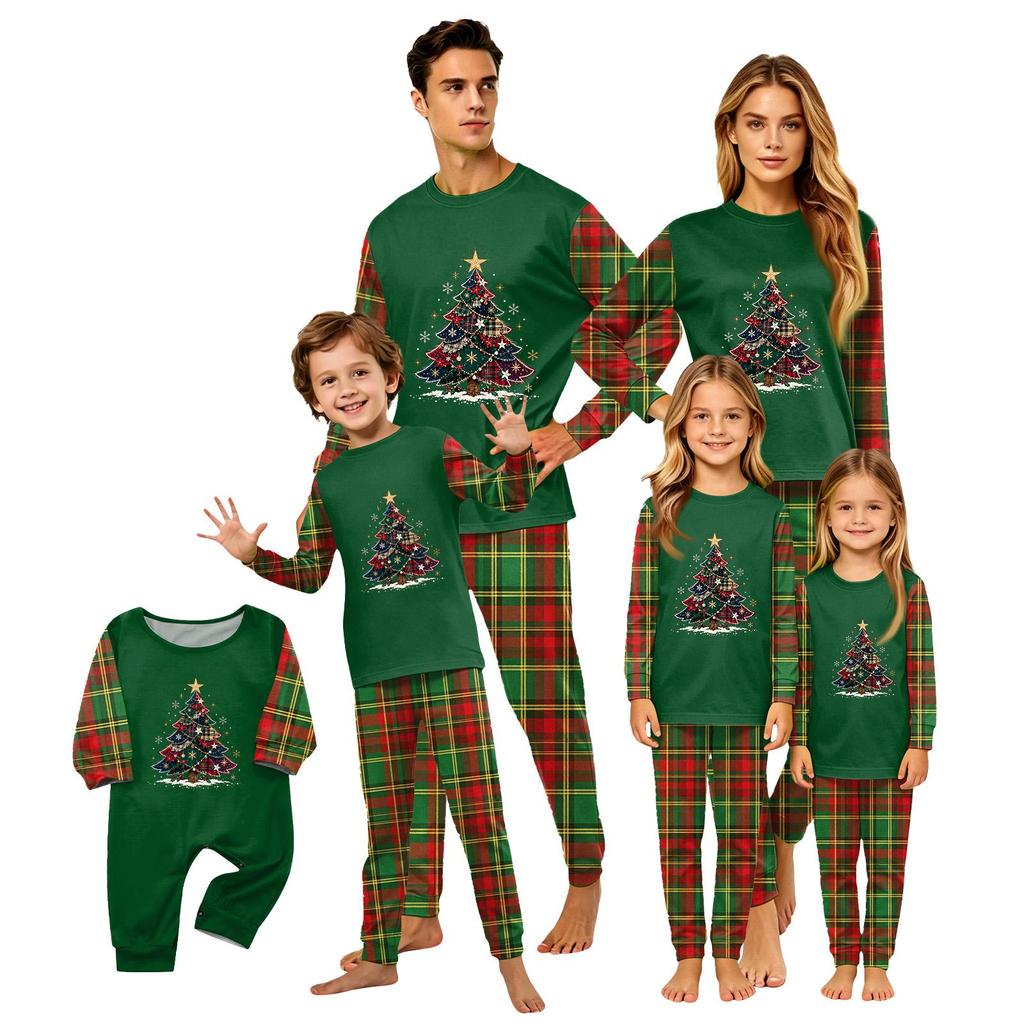 Christmas-print long-sleeve and long-pant matching family loungewear set