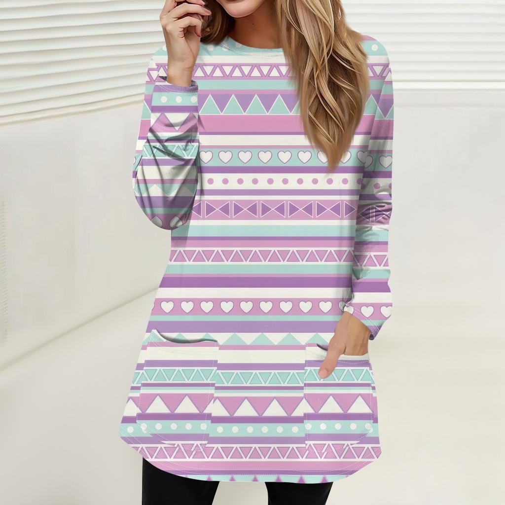 Women's Fashion Casual Pullover T-Shirt Round Neck Pocket Stripe Patchwork Printed Long Sleeve Top