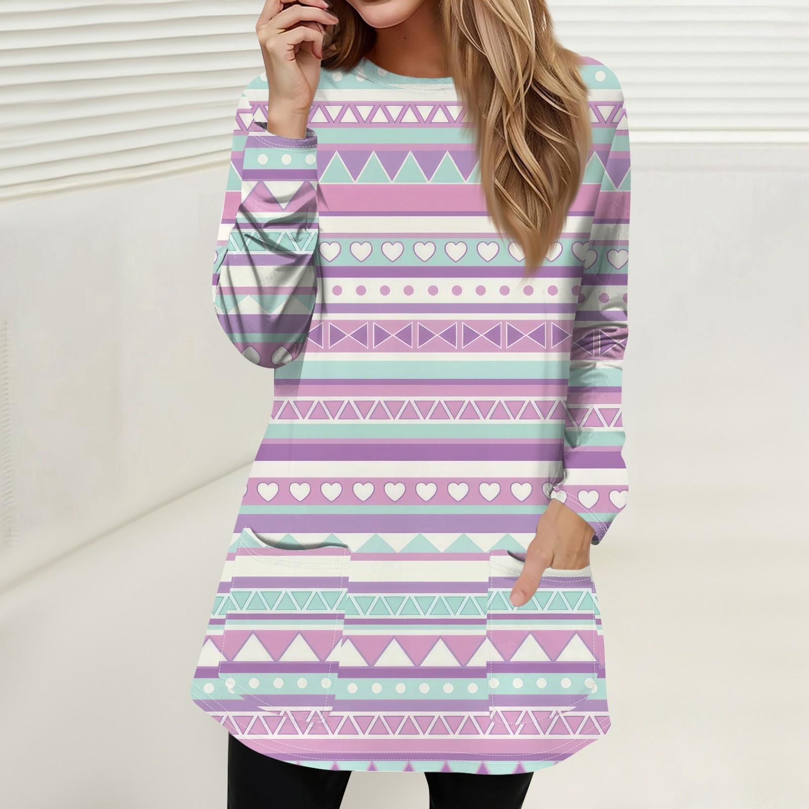 

Женская мода повседневный свитер футболка с круглым вырезом карман полосатый пэчворк принтованный топ с длинным рукавом S розовый