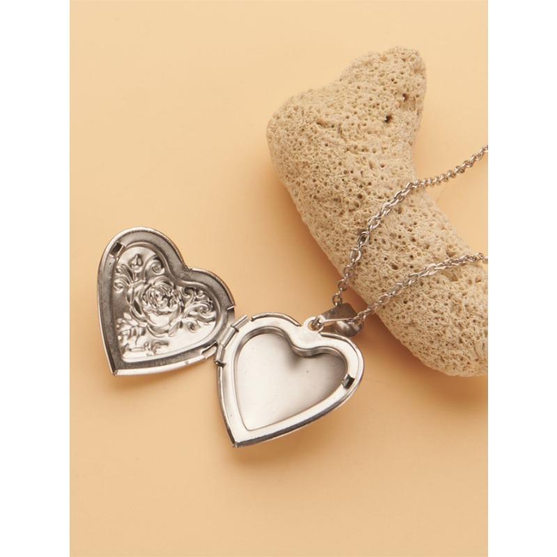 Silver Gold Openable Rose Photo Frame Heart Pendant Stainless Steel Necklace