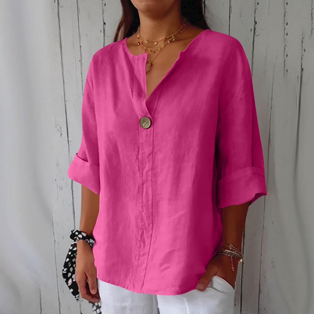 Women's Fashion Casual V-Neck Buttoned 3/4 Sleeve Cotton Linen Top
