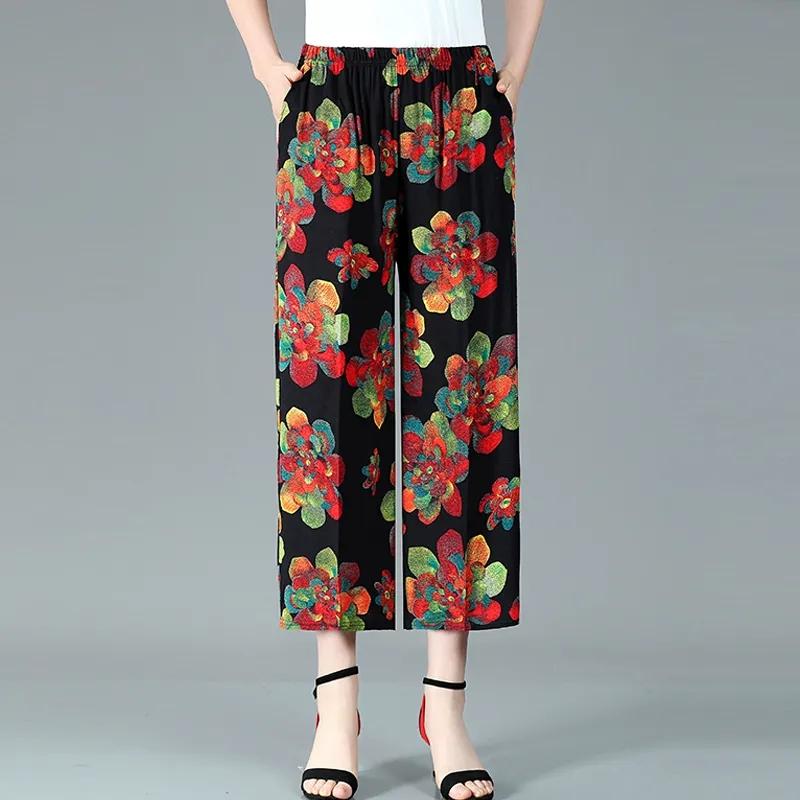 WTEMPO Cotton Hemp Blend Women Large Size Wide Leg Pants Mom High Waist Elastic Printed Thin Cropped Pants