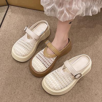 Thick-soled Bag Head Half Slippers Women's Outer Wear 2025 New Summer Fashion Breathable Mesh Slippers Muffin Sole Height-increasing Shoes