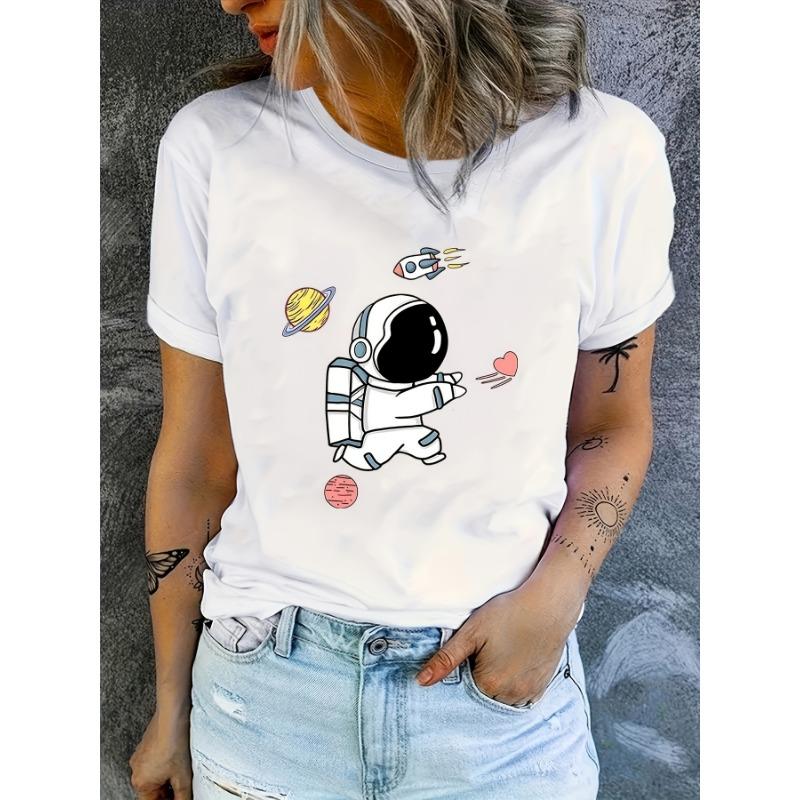 Women's Plus Size Casual Sporty T-Shirt Astronaut Print Comfort Fit Short Sleeve Fashion Breathable Casual Top Aesthetic Clothes