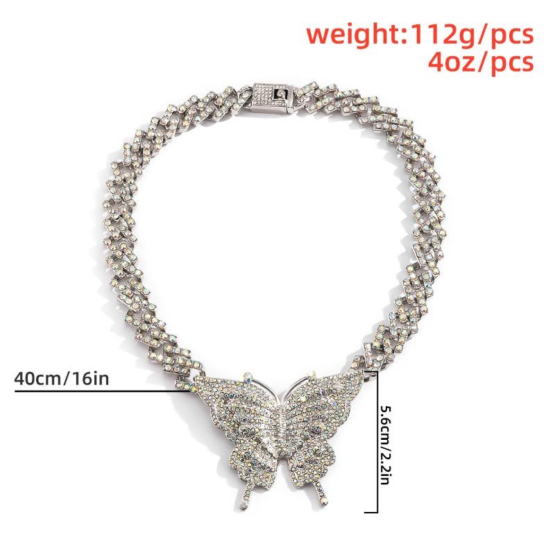 Full diamond cuban clasp chain necklace - punk exaggerated diamond butterfly pendant