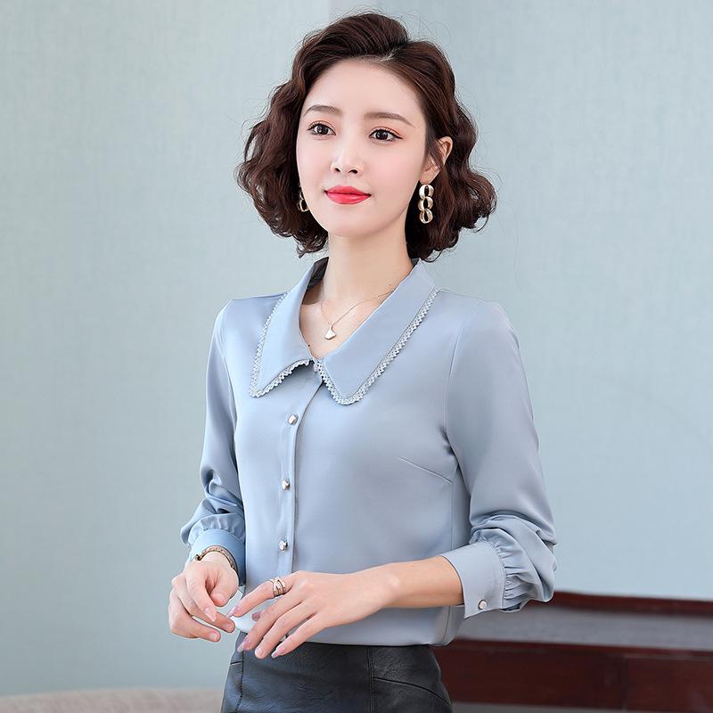 Women's Chiffon Long Sleeve Doll Collar Top for Spring/Autumn