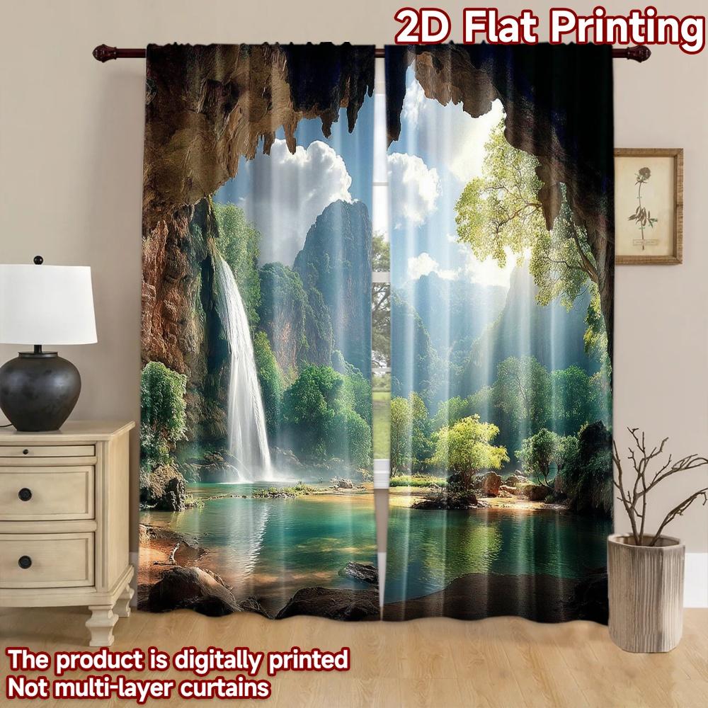 2D Flat Printing 2pcs Party Curtain Cave Waterfall Scenic Mountain Digital Printed Polyester Drapes Festive Holiday Use for