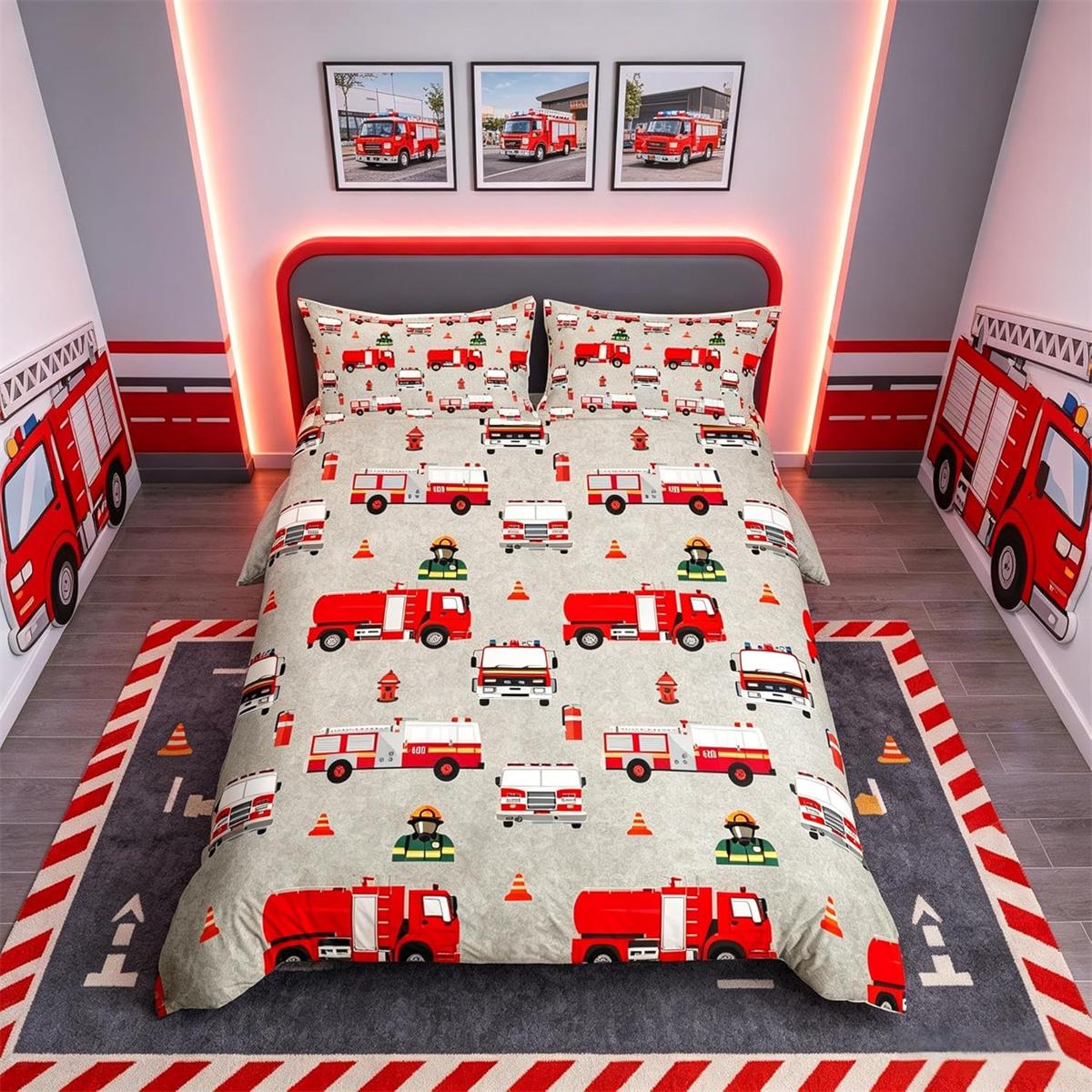 Flylo Unisex Infant Children's Fire Truck Bedding Set Single Police Car Truck Bedding Motorcycle And Airplane Bedding Set For Boys And Teenagers 135Cm