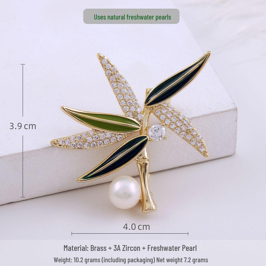 Elegant Chinese Freshwater Pearl & Bamboo Brooch with Zircon Accents - Women's Luxury Suit Accessory