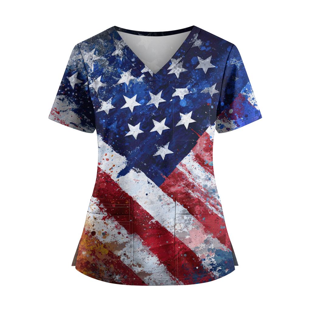 Women's Independence Day Print V-Neck Double Pocket Short Sleeve Uniform with Slit Hem - Caregiver Top