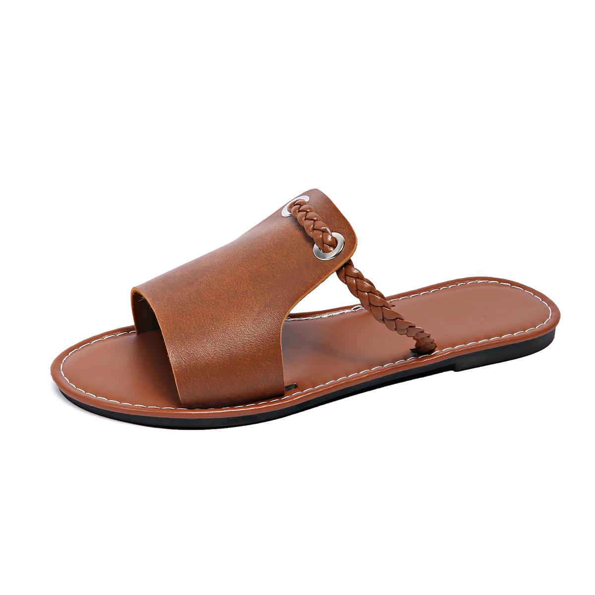 

Женские пляжные шлепанцы лето новый стиль круглый носок открытый носок набор стопы мягкая подошва нескользящие износостойкие сандалии на плоской подошве 43 темно-коричневого