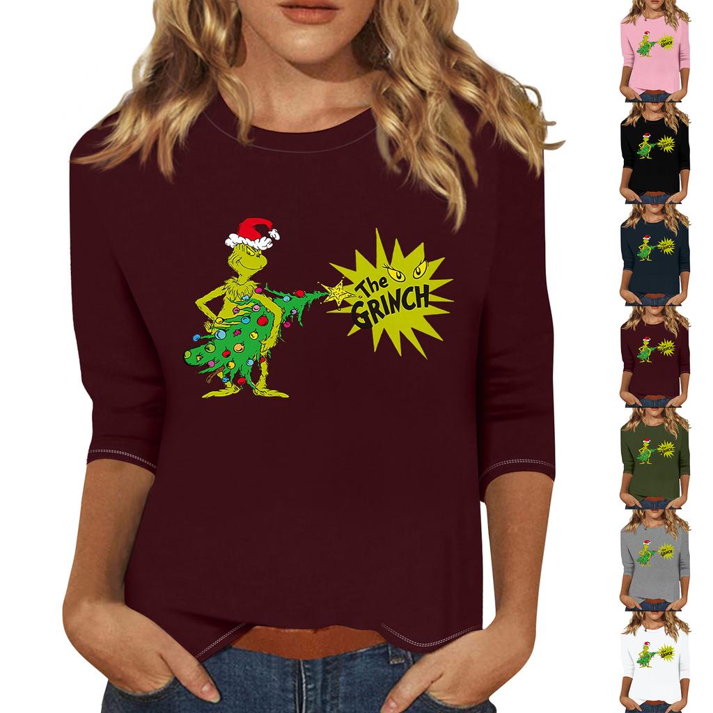 3/4 Sleeve Tops For Women T-Shirt Casual Christmas Print Tops T Shirt Round Neck Pullover Blouse
