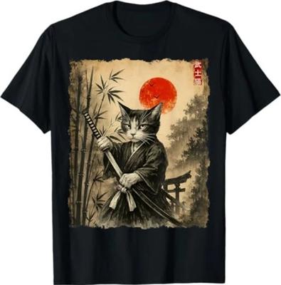 Samurai Cat Japanese Art Men Boys Funny Graphic Tee Anime T-Shirt